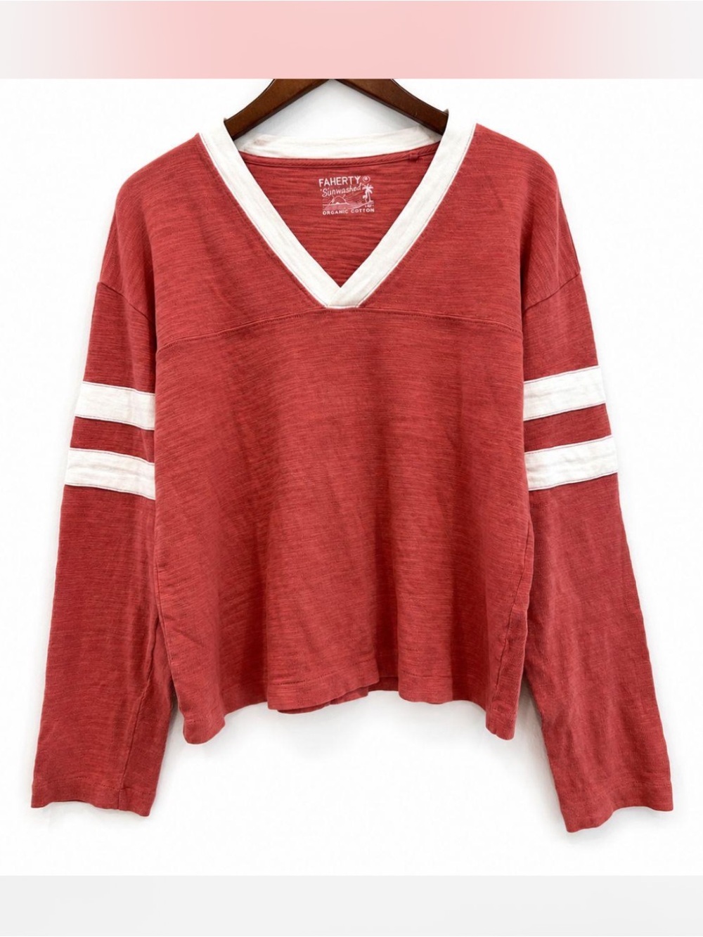 Faherty Top Sunwashed Slub Varsity V Neck Pullover Shirt Size M Loose Oversized